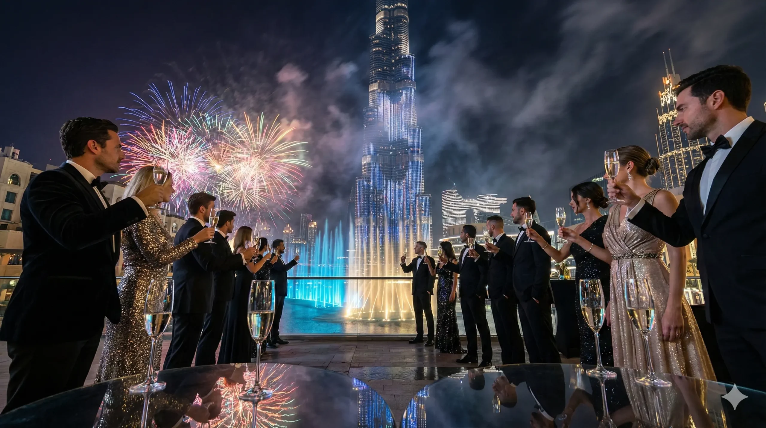 Fireworks erupting from Burj Khalifa during Dubai New Year's Eve 2026 celebration with VIP guests.