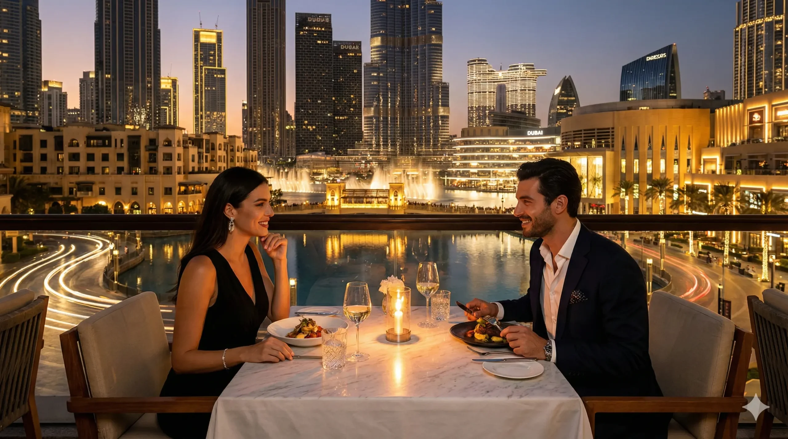 Couple dining at a luxury restaurant in Souk Al Bahar with Burj Khalifa view on New Year's Eve.