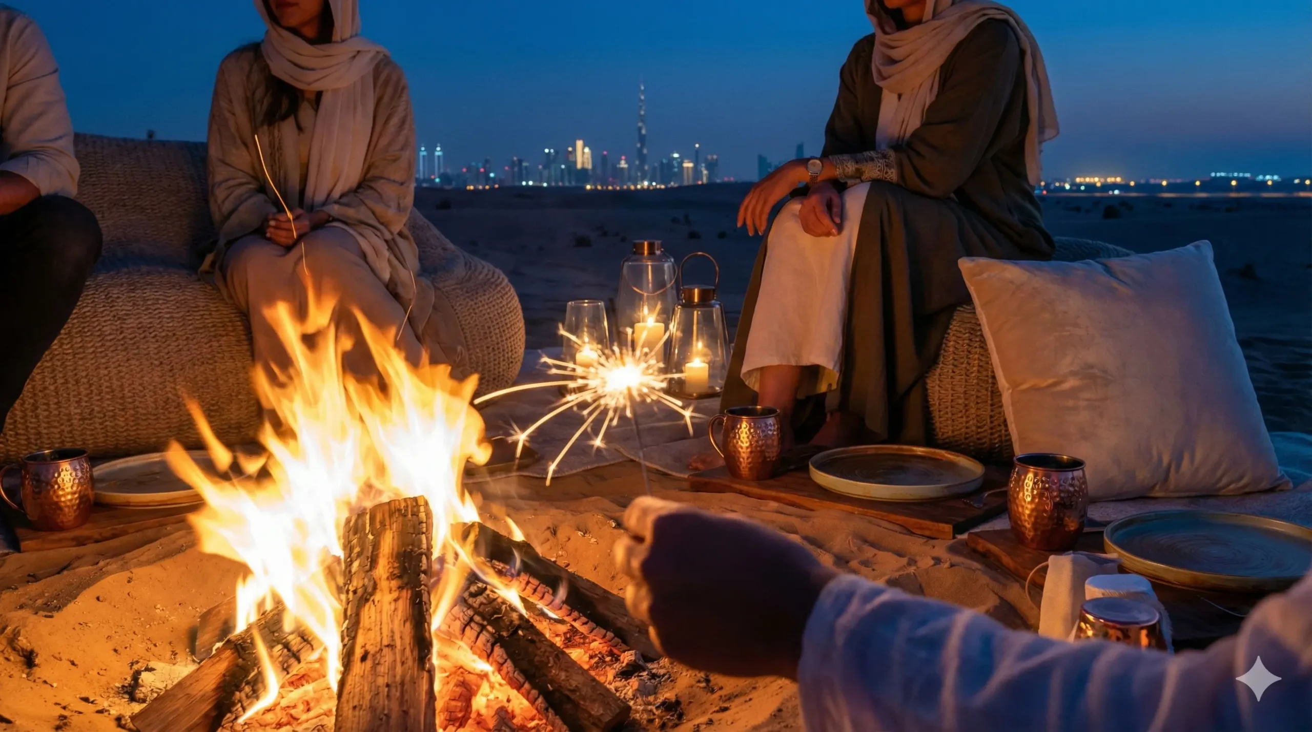 Friends celebrating New Year's Eve around a bonfire in the Dubai desert.