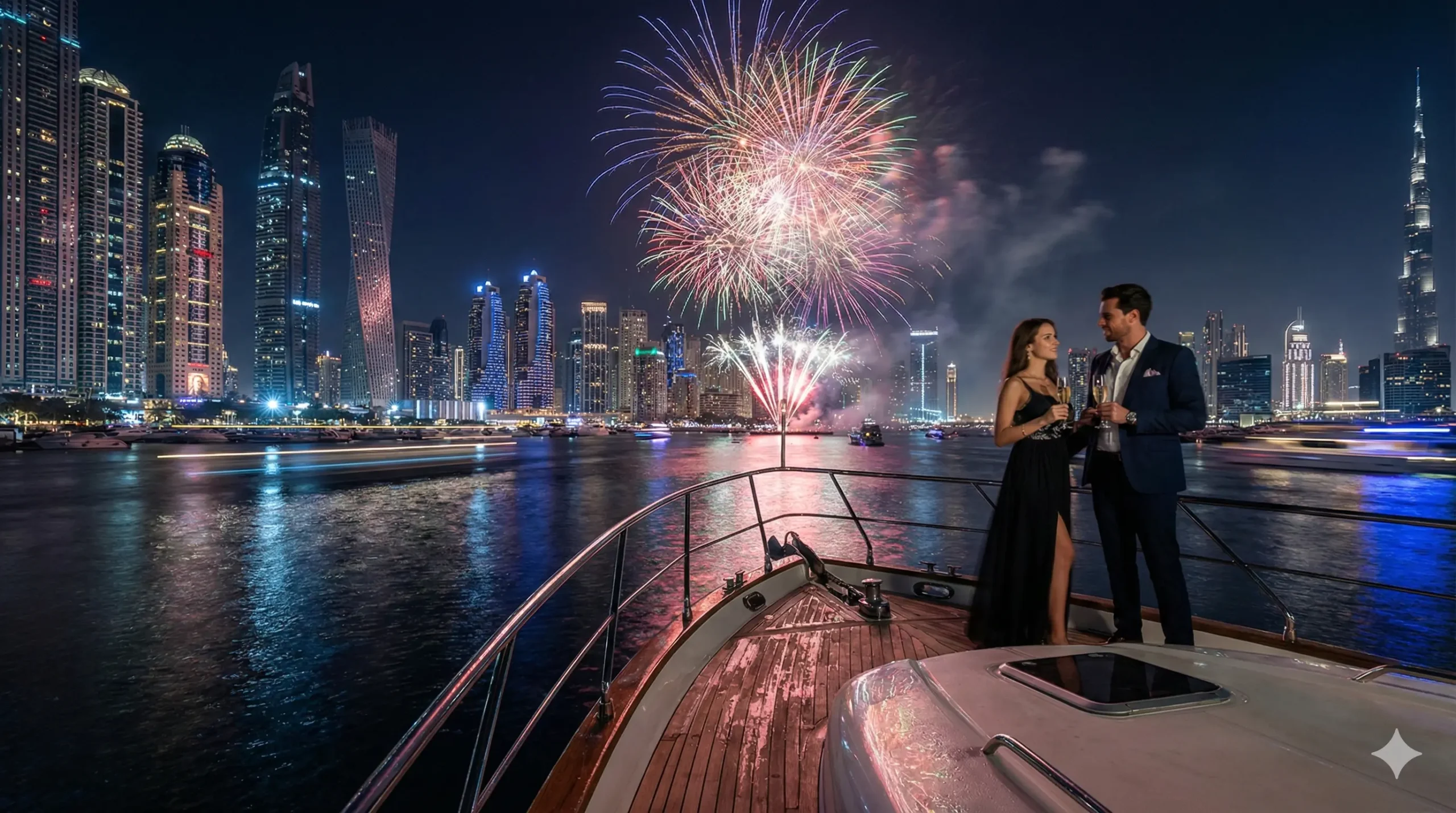 View of Dubai Marina fireworks from a yacht on New Year's Eve.