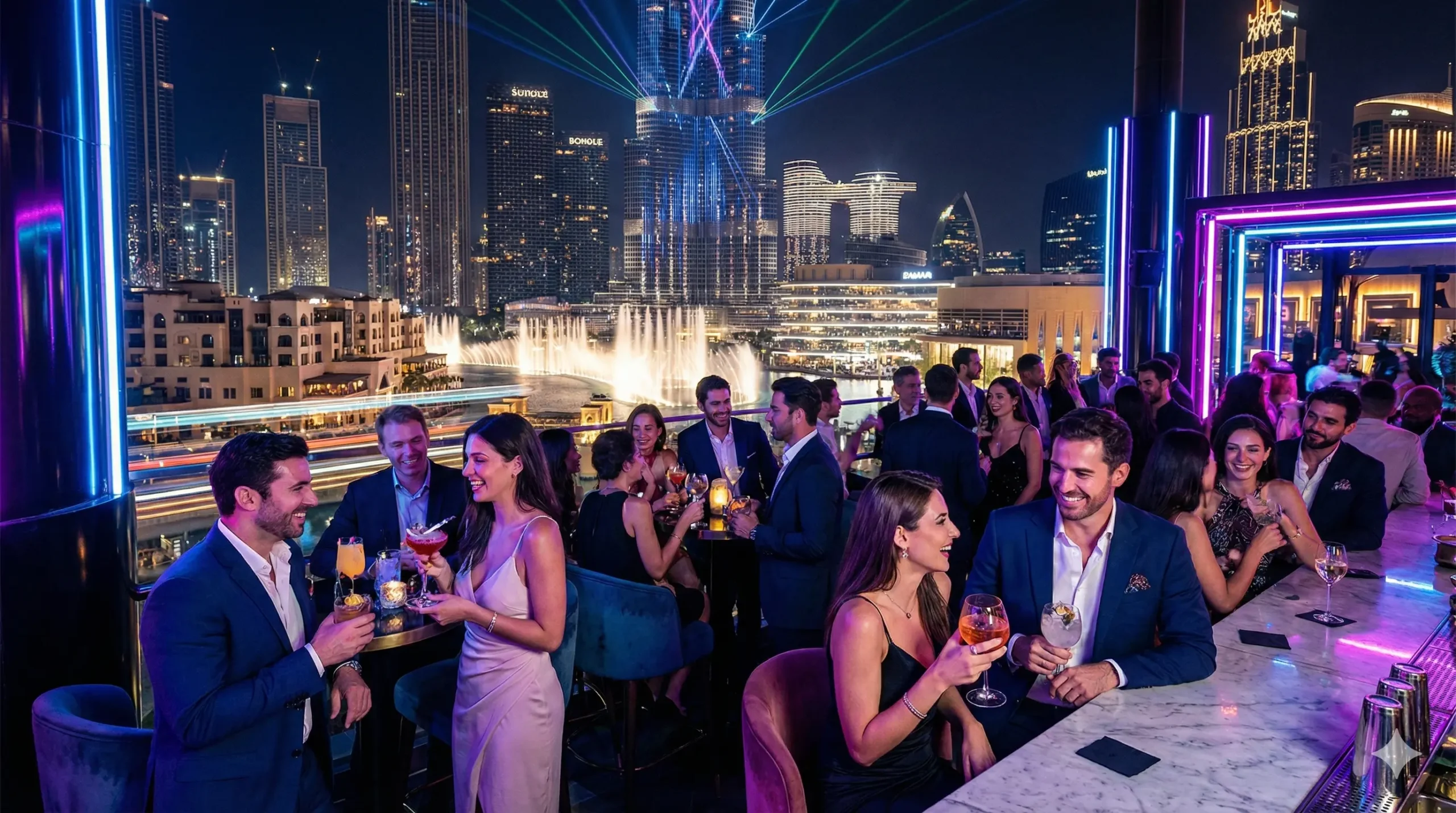 Crowd partying at a rooftop bar in Dubai Downtown on New Year's Eve 2026.