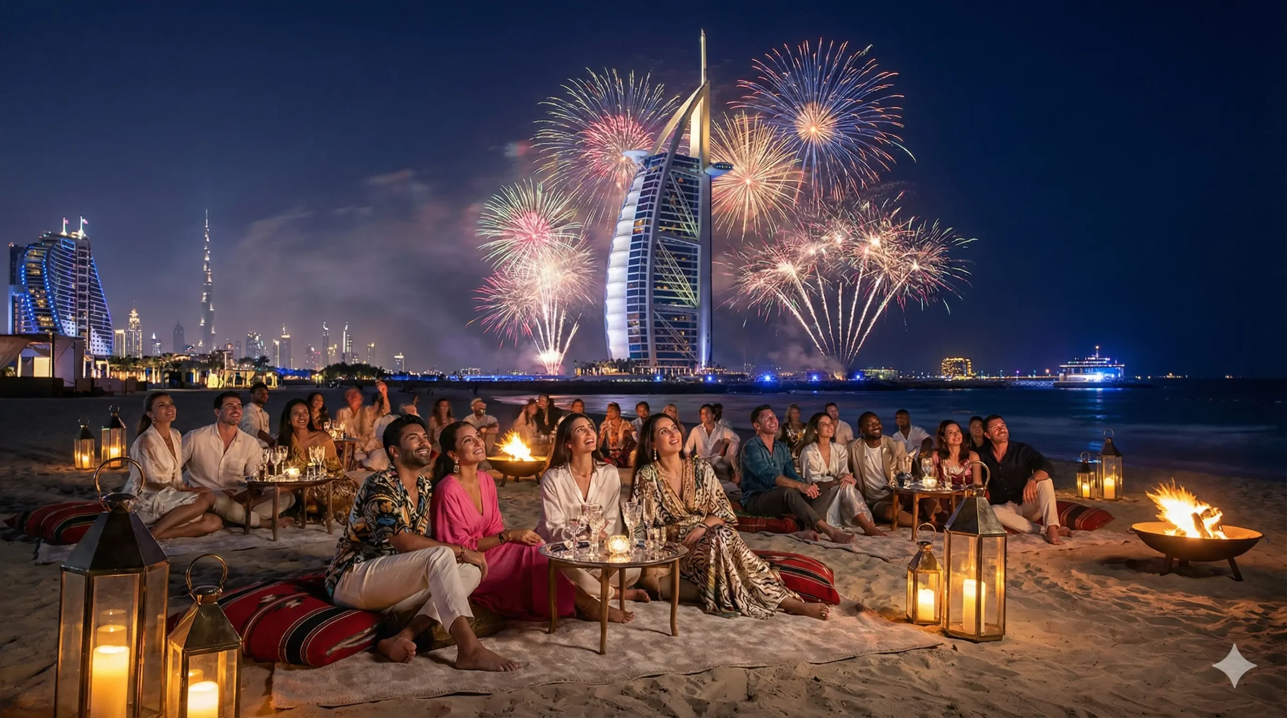People watching Burj Al Arab fireworks from Kite Beach for free on New Year's Eve.