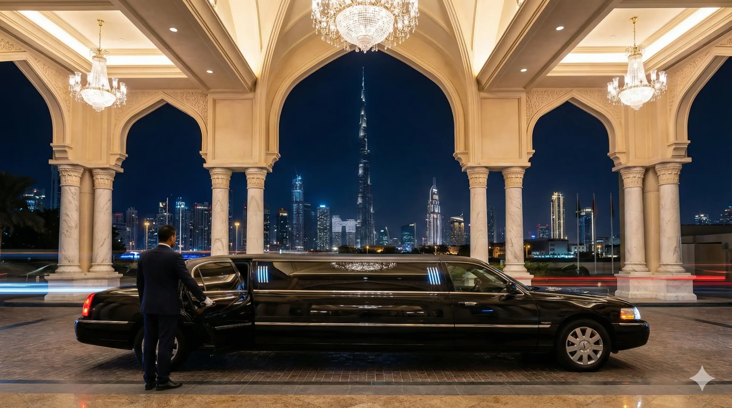 Luxury private chauffeur car waiting for guests in Dubai Downtown.