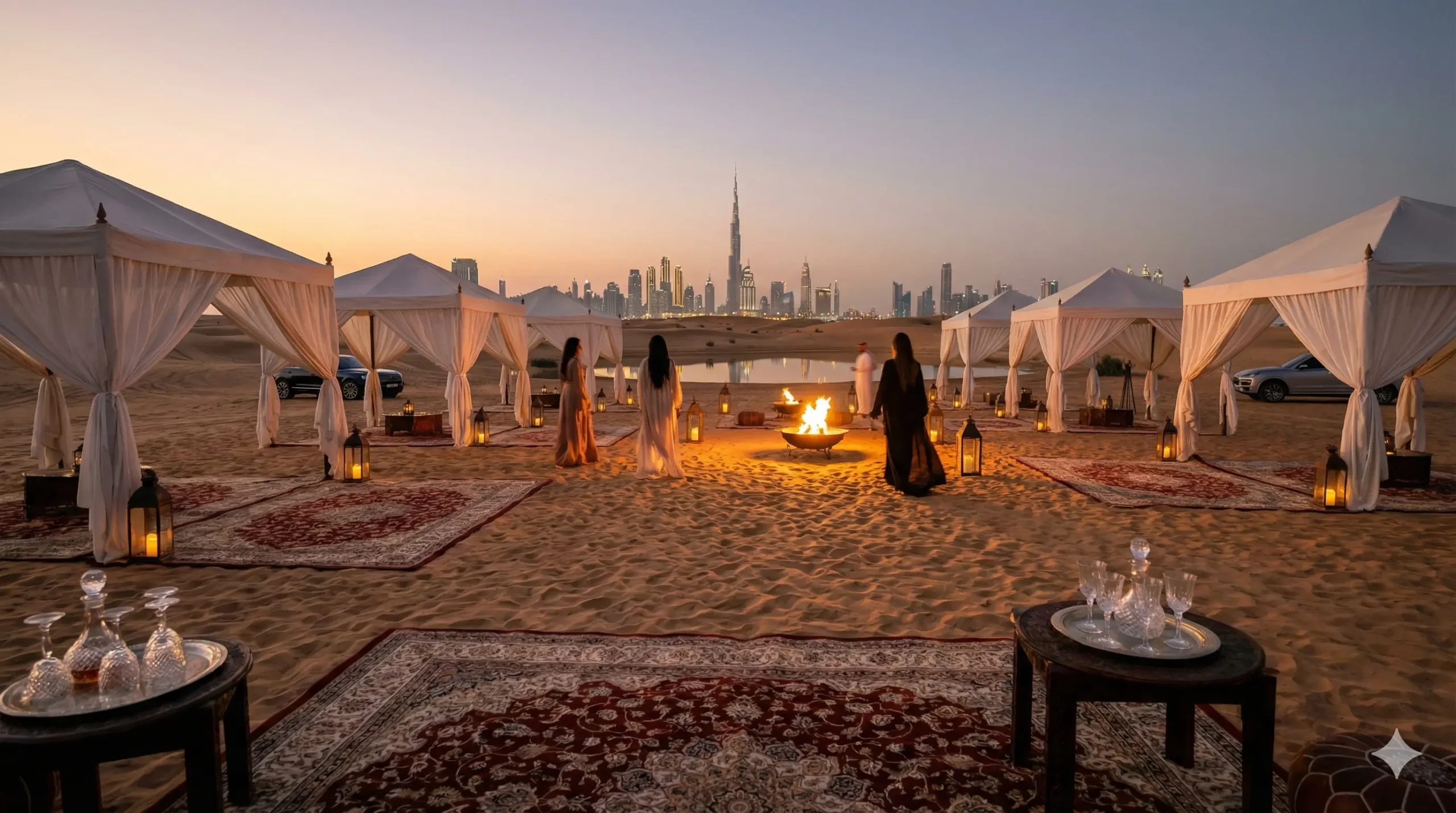 Luxury glamping setup in Dubai desert for New Year's Eve celebration.