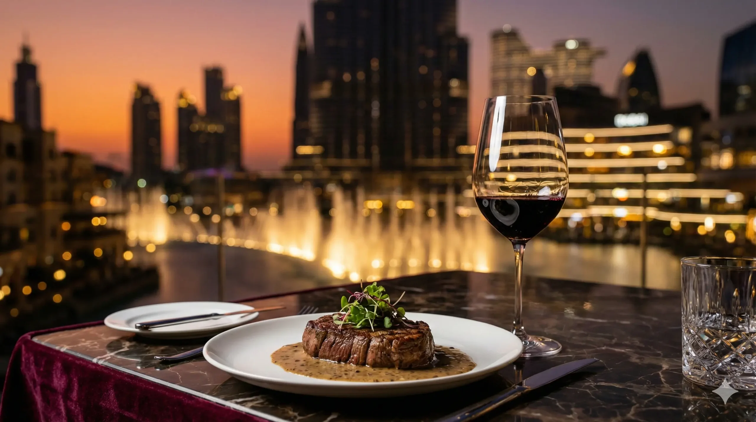 Fine dining meal at a restaurant overlooking the Dubai Fountain.