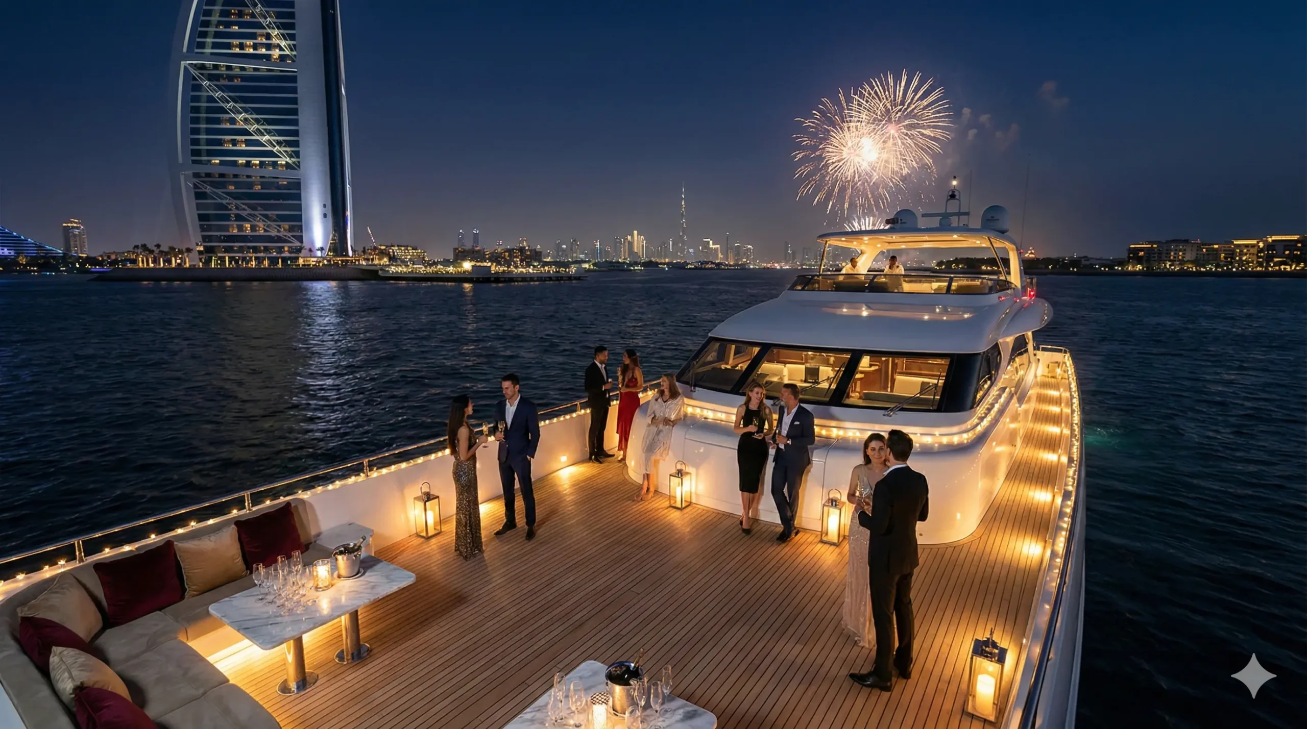 Private luxury yacht cruising in Dubai Marina during New Year's Eve fireworks.