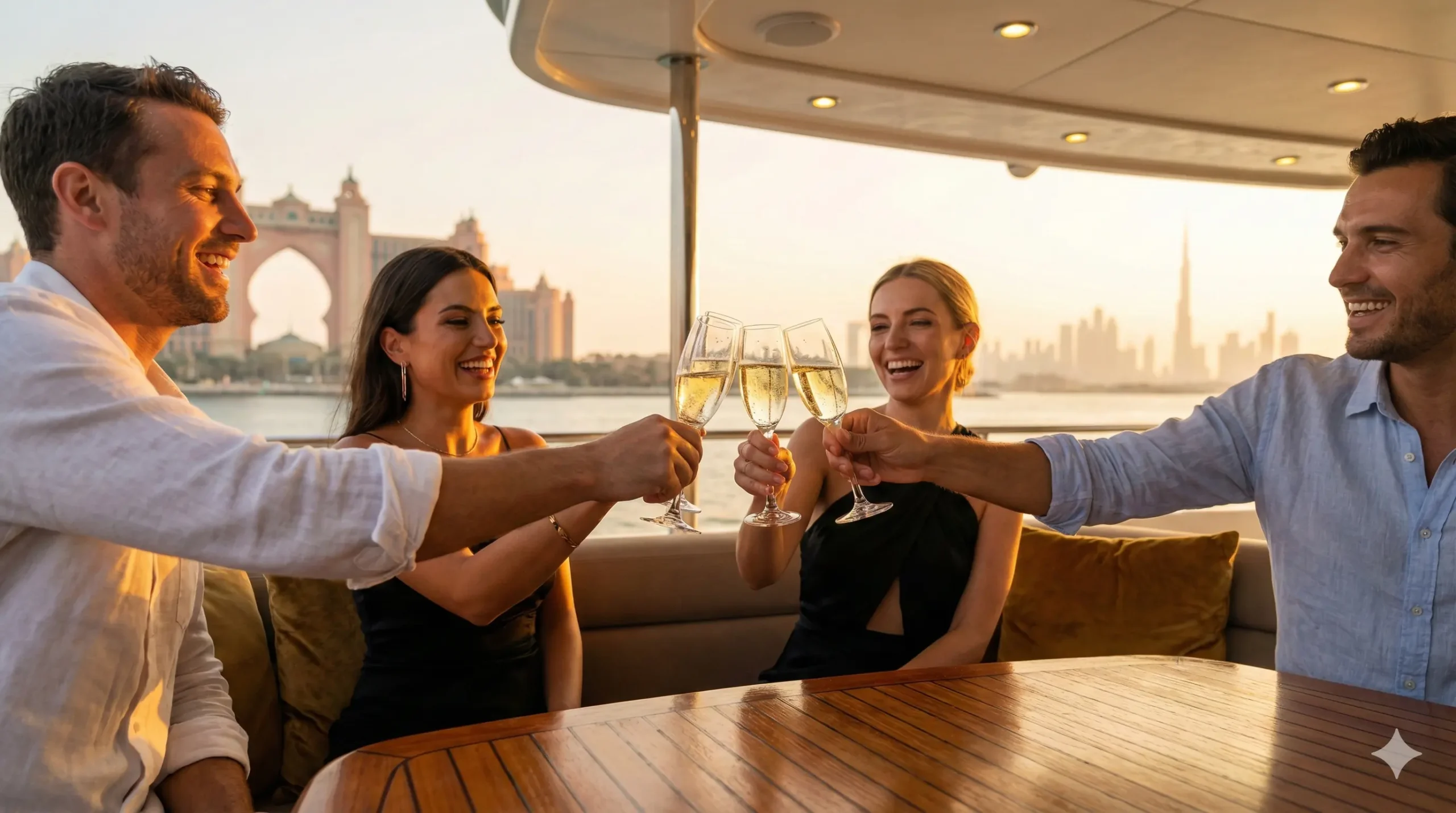 Friends celebrating New Year's Eve on a private yacht in Dubai with drinks.